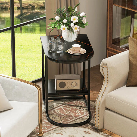 2-Tier C-shaped End Table Modern Sofa Side Table with Metal Frame-Black