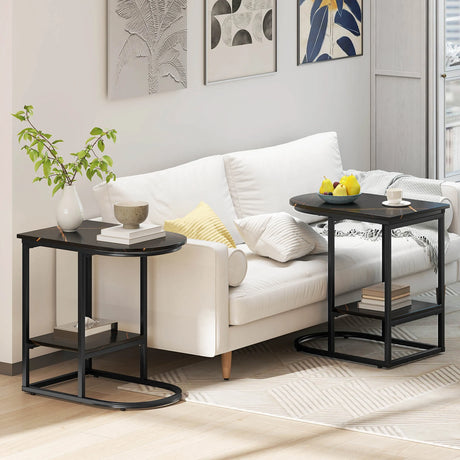 2-Tier C-shaped End Table Modern Sofa Side Table with Metal Frame-Black