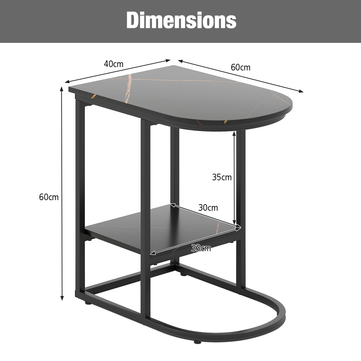 2-Tier C-shaped End Table Modern Sofa Side Table with Metal Frame-Black