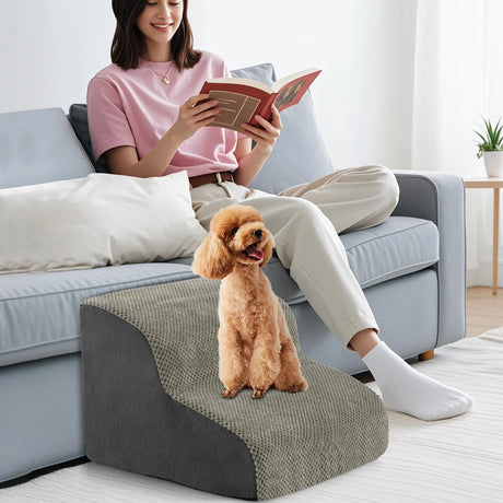 Dog Ramp with 2 Steps Foam, Pet Stairs with Washable Cover Non-Slip Bottom Grey