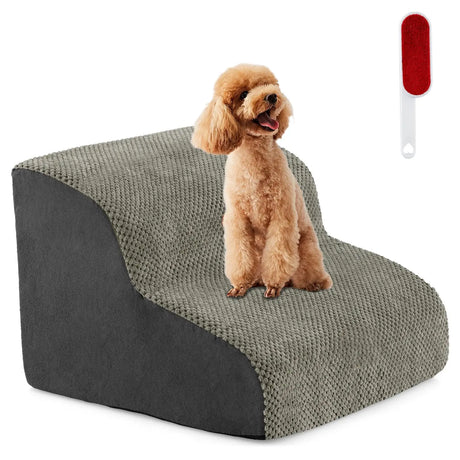 Dog Ramp with 2 Steps Foam, Pet Stairs with Washable Cover Non-Slip Bottom Grey