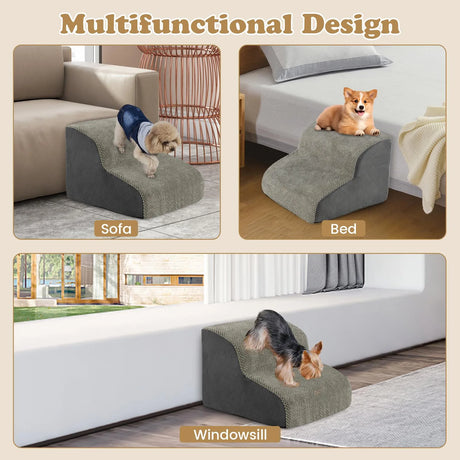 Dog Ramp with 2 Steps Foam, Pet Stairs with Washable Cover Non-Slip Bottom Grey