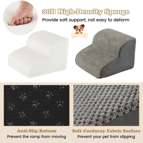 Dog Ramp with 2 Steps Foam, Pet Stairs with Washable Cover Non-Slip Bottom Grey