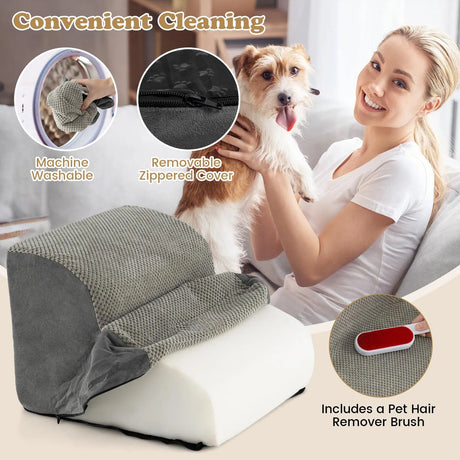 Dog Ramp with 2 Steps Foam, Pet Stairs with Washable Cover Non-Slip Bottom Grey