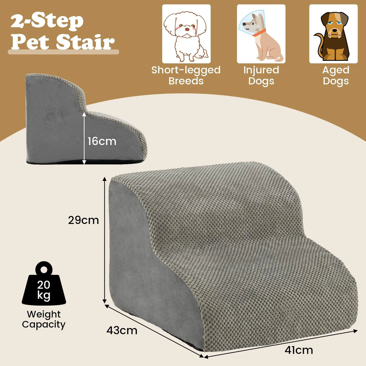 Dog Ramp with 2 Steps Foam, Pet Stairs with Washable Cover Non-Slip Bottom Grey