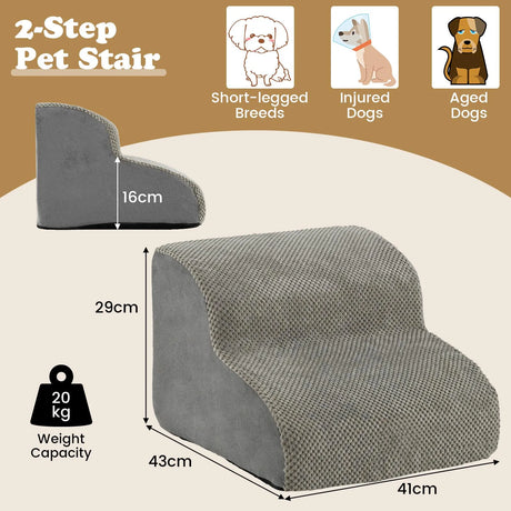 Dog Ramp with 2 Steps Foam, Pet Stairs with Washable Cover Non-Slip Bottom Grey