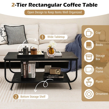 Coffee Table with 2-Tier Storage Shelf for Living Room
