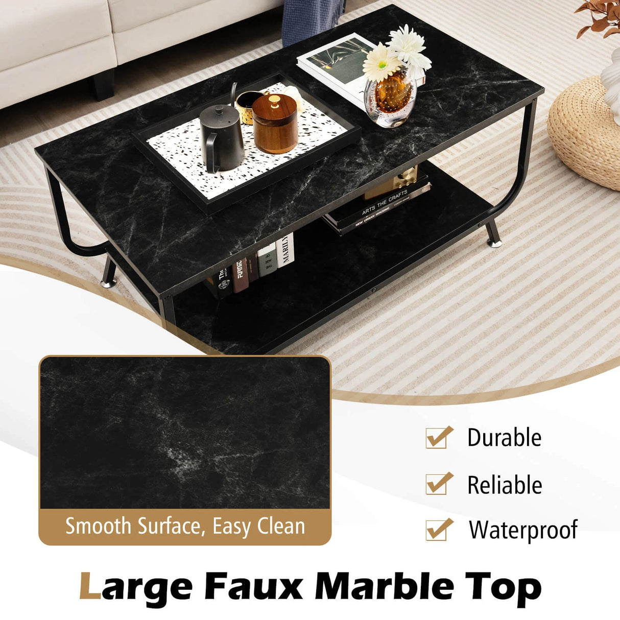 Coffee Table with 2-Tier Storage Shelf for Living Room
