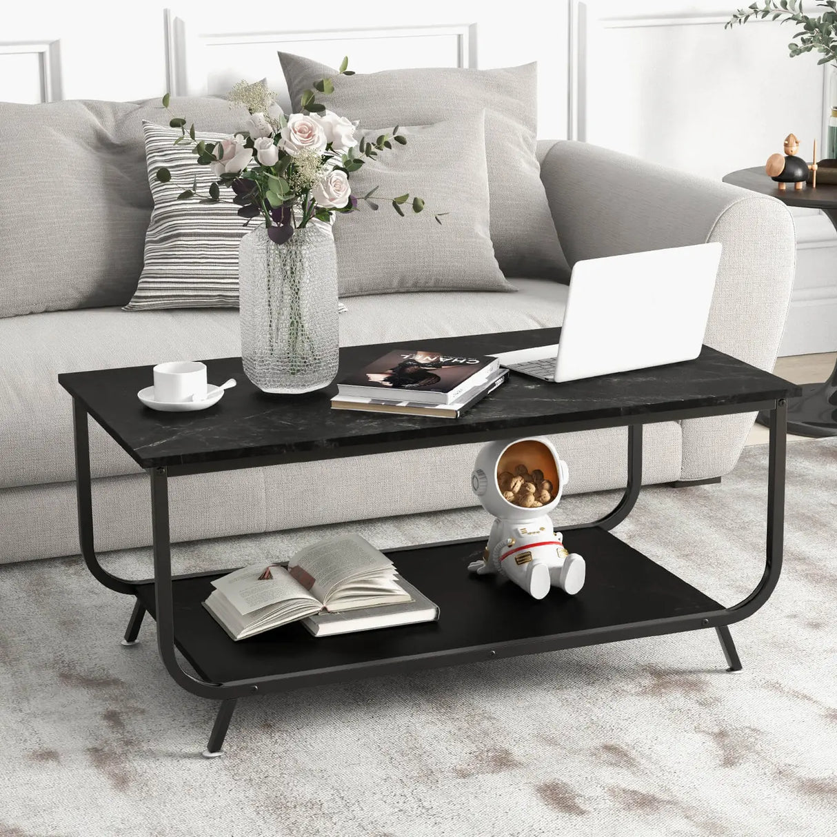 Coffee Table with 2-Tier Storage Shelf for Living Room