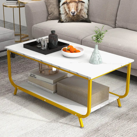 2-Tier Faux Marble Top Rectangular Coffee Table with Metal Frame-White