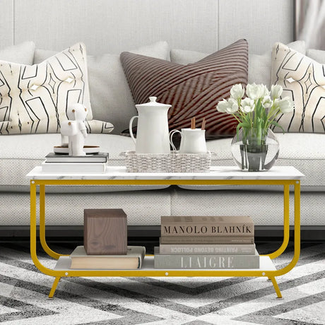 2-Tier Faux Marble Top Rectangular Coffee Table with Metal Frame-White