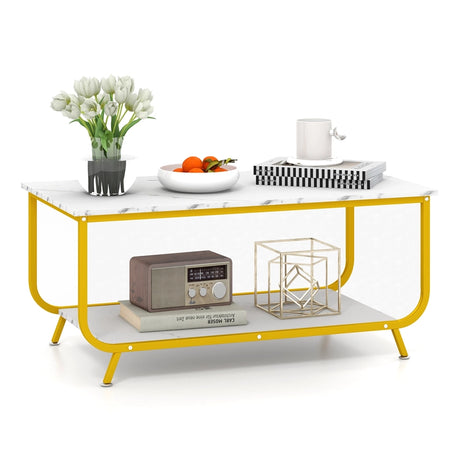 2-Tier Faux Marble Top Rectangular Coffee Table with Metal Frame-White