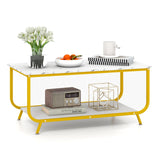 2-Tier Faux Marble Top Rectangular Coffee Table with Metal Frame-White