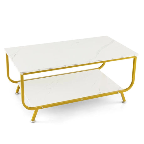 2-Tier Faux Marble Top Rectangular Coffee Table with Metal Frame-White