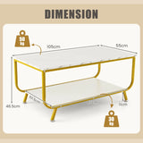 2-Tier Faux Marble Top Rectangular Coffee Table with Metal Frame-White