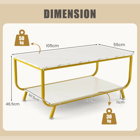2-Tier Faux Marble Top Rectangular Coffee Table with Metal Frame-White