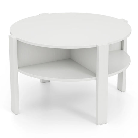 2-Tier Round Coffee Table with 4 Shelves-White