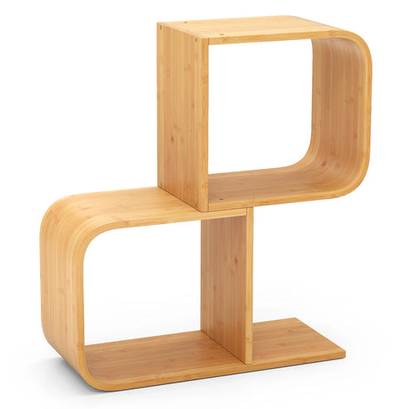 2-Tier S-Shaped Bamboo Bookcase with 2 Open Cubes-Natural