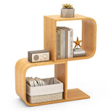2-Tier S-Shaped Bamboo Bookcase with 2 Open Cubes-Natural