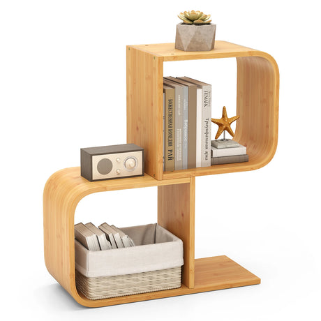 2-Tier S-Shaped Bamboo Bookcase with 2 Open Cubes-Natural