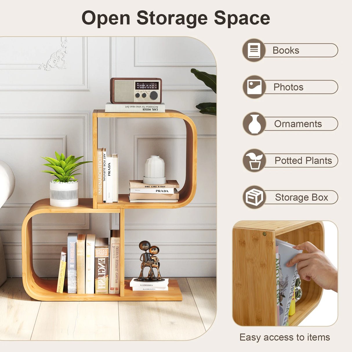 2-Tier S-Shaped Bamboo Bookcase with 2 Open Cubes-Natural