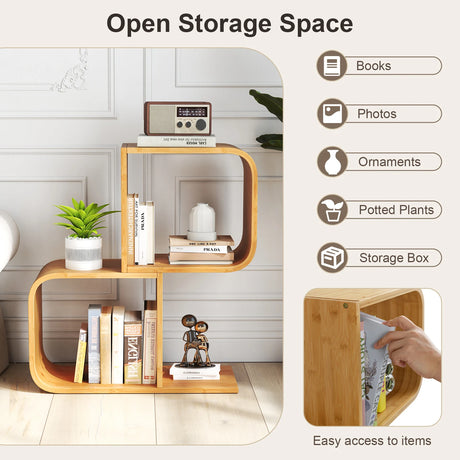 2-Tier S-Shaped Bamboo Bookcase with 2 Open Cubes-Natural