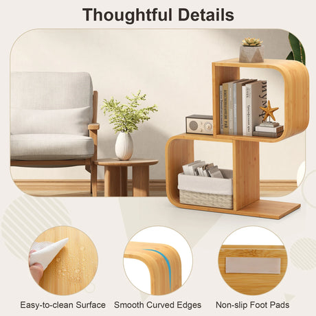2-Tier S-Shaped Bamboo Bookcase with 2 Open Cubes-Natural
