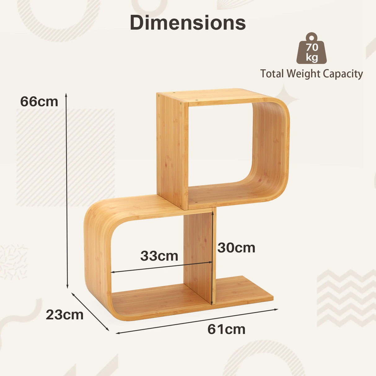 2-Tier S-Shaped Bamboo Bookcase with 2 Open Cubes-Natural