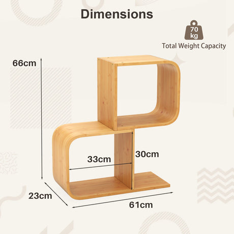 2-Tier S-Shaped Bamboo Bookcase with 2 Open Cubes-Natural