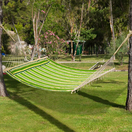 Outsunny Double Cotton Hammock Camping Swing Outdoor Garden Beach Stripe Hanging Bed with Pillow, 188 x 140 cm, 180 KG Capacity, Green