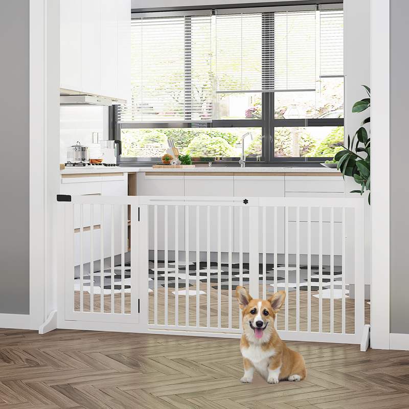 PawHut Wooden Dog Gate, Dog Fence Indoor, Freestanding Dog Barrier, Adjustable Lockable Fence with 3 Panels, 71H x 113-166W cm, White