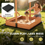 AIYAPLAY Kids Sand Pit with Lid, Wooden Sandpit with Canopy, Foldable Picnic Table, Bench Seats, Bottom Liner for Patio Garden