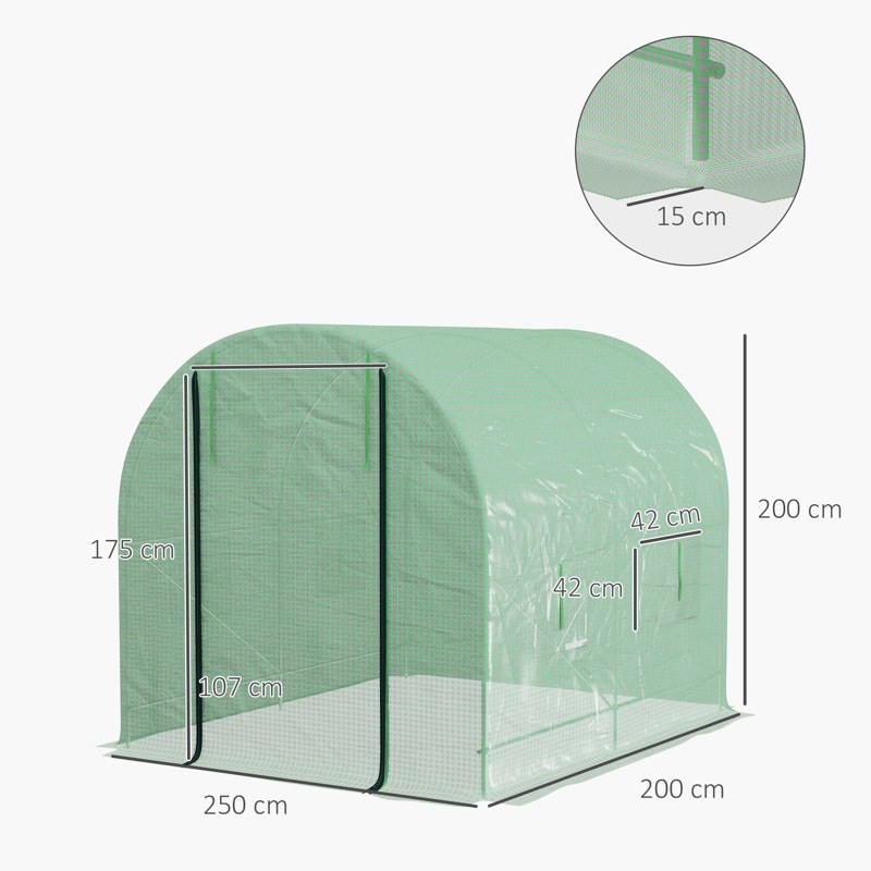 Outsunny Walk-In Garden Polytunnel Greenhouse with Steel Frame, PE Cover, Roll-Up Door and 4 Windows, 2.5 x 2m, Green