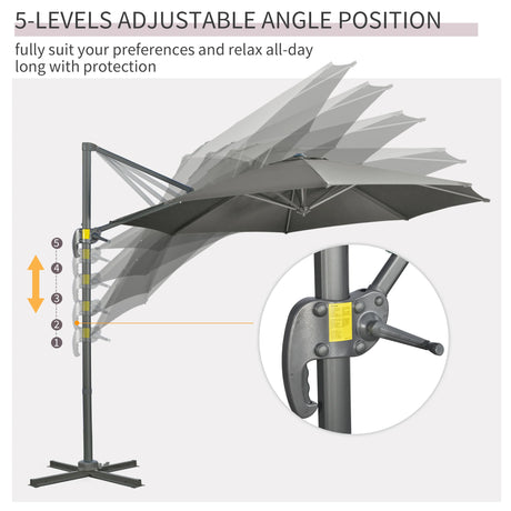 Outsunny 3 x 3(m) Cantilever Parasol with Cross Base, Garden Umbrella with 360 Rotation, Crank Handle and Tilt for Outdoor, Patio, Grey