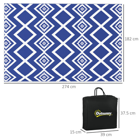Outsunny Plastic Straw Reversible RV Outdoor Rug with Carry Bag, 182 x 274cm, Blue and White