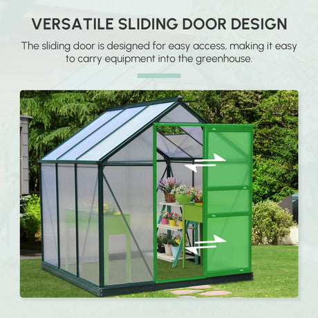 Outsunny 6 x 6ft Polycarbonate Greenhouse, Large Walk-In Green House with Slide Door and Window, Garden Plants Grow House with Aluminium Frame and Foundation, Dark Green