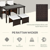 Outsunny 2 Seater Rattan Cube Garden Furniture Set, Rattan Dining Set with Cushions, Outdoor Dining Table and Chairs with 2 Armchairs, 2 Stools, Rectangular Glass Top Table for Patio, Balcony, Brown