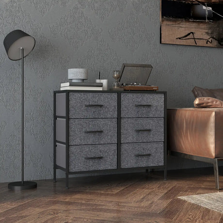 HOMCOM Fabric Chest of Drawers, Industrial Bedroom Dresser with 6 Fabric Drawers, Steel Frame and Wooden Top for Nursery, Living Room, Hallway, Black