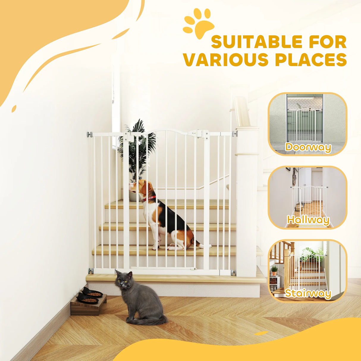 PawHut Pressure Fit Dog Stair Gate No Drilling Safety Gate Auto Close for Doorways, Hallways, 74-100cm Adjustable, 94cm Tall, White