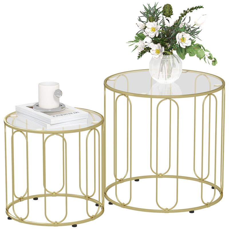 HOMCOM Round Coffee Table Set of 2, Glass Nest of Tables with Metal Frame and Tempered Glass Tabletop, Modern Side Tables for Living Room, Gold Tone