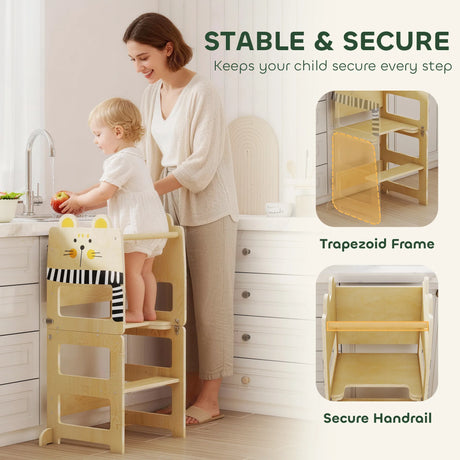 AIYAPLAY Toddler Step Stool, Standing Tower with Chalkboard, 3-in-1 Cat-Shaped Step Stool for Kitchen Counter, Natural