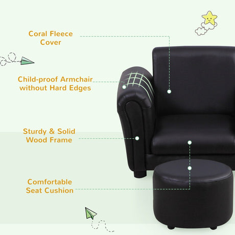 HOMCOM Toddler Chair Single Seater Kids Sofa Set, 54 x 42 x 41cm, Kids Sofa with Stool, Black