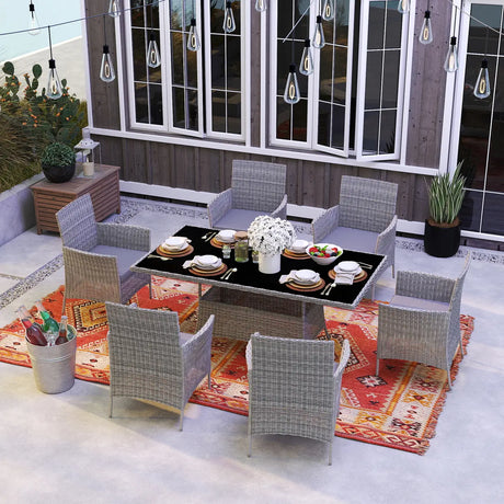 Outsunny 7-Piece Rattan Garden Furniture Set with Cushions, 6 Seater Garden Table and Chairs, Rattan Dining Set with 6 Armchairs, Rectangular Glass Top Table, Charcoal Grey