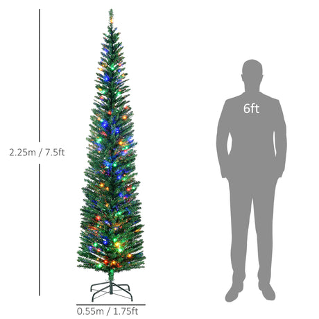 HOMCOM 7.5' Artificial Prelit Christmas Trees Holiday Dcor with Colourful LED Lights, Pencil Shape, Steel Base