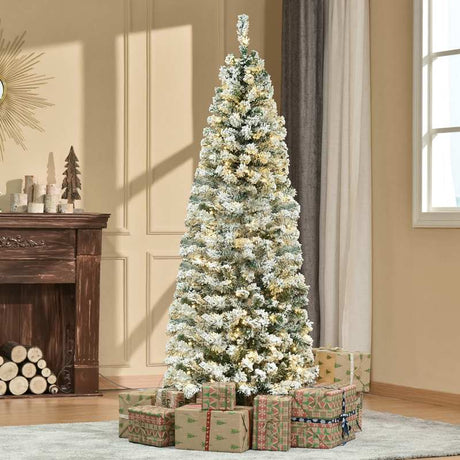 HOMCOM 6FT Prelit Artificial Snow Flocked Christmas Tree with Warm White LED Light, Holiday Home Xmas Decoration, Green White