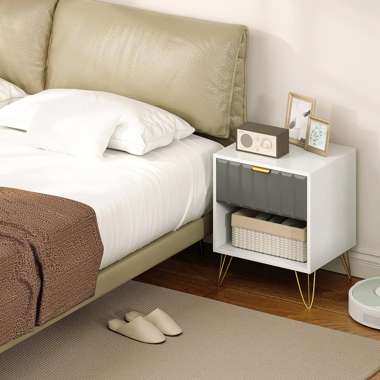 HOMCOM Bedside Table Modern Bedside Cabinet with Drawer and Open Compartment, 45 x 40 x 55, White