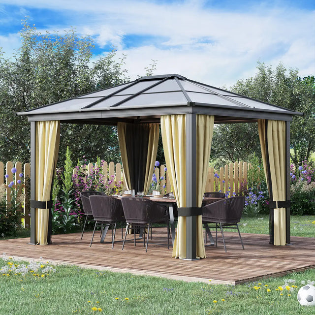 Outsunny 3 x 3.6(m) Hardtop Gazebo Canopy with Polycarbonate Roof and Aluminium Frame, Garden Pavilion with Mosquito Netting and Curtains, Brown