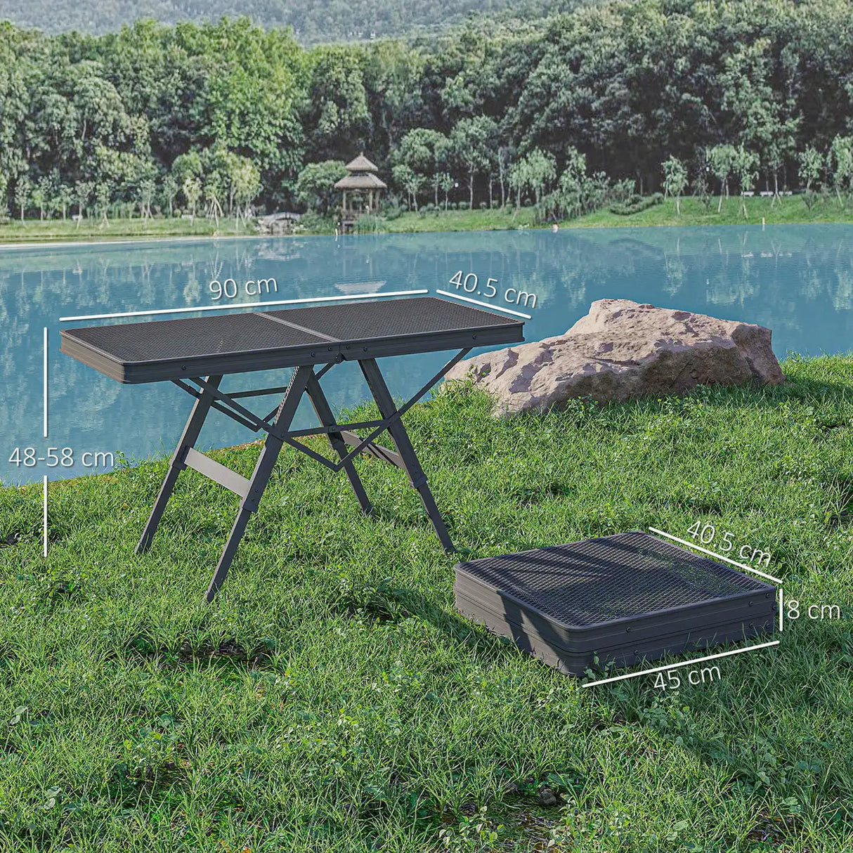 Outsunny 3 ft Folding Camping Table w/ Adjustable Heights, Portable Lightweight Outdoor Folding Picnic Table with Metal Mesh Desktop & Aluminium Legs for Picnic, Garden, Party, Black