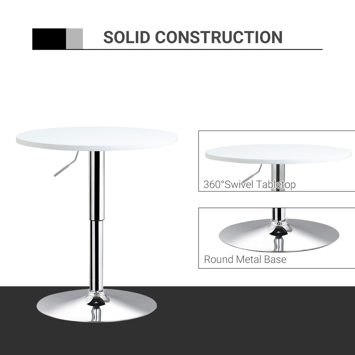 HOMCOM Bar Table 60cm Adjustable Height Round Bistro Table w/ Swivel Top Metal Frame Counter Surface Stylish Kitchen Conservatory White