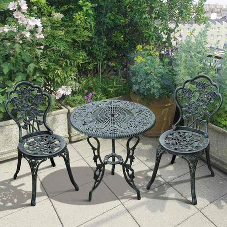 Outsunny Cast Aluminium Outdoor Patio Garden Bistro Elegant Design Table Chair Set - Green (3-Piece)